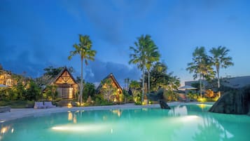 Outdoor pool, pool umbrellas, pool loungers