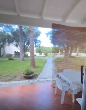 Un espace extérieur abrité, doté d’un chemin, de plantes en pot et d’une chaise blanche.