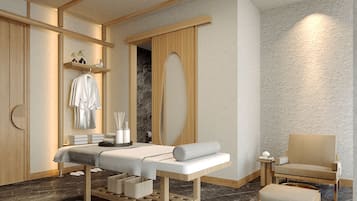 Relax in a serene spa room with a massage table, wooden bench, and comfortable seating.