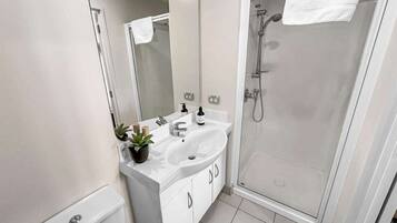 Shower, hair dryer, towels, soap