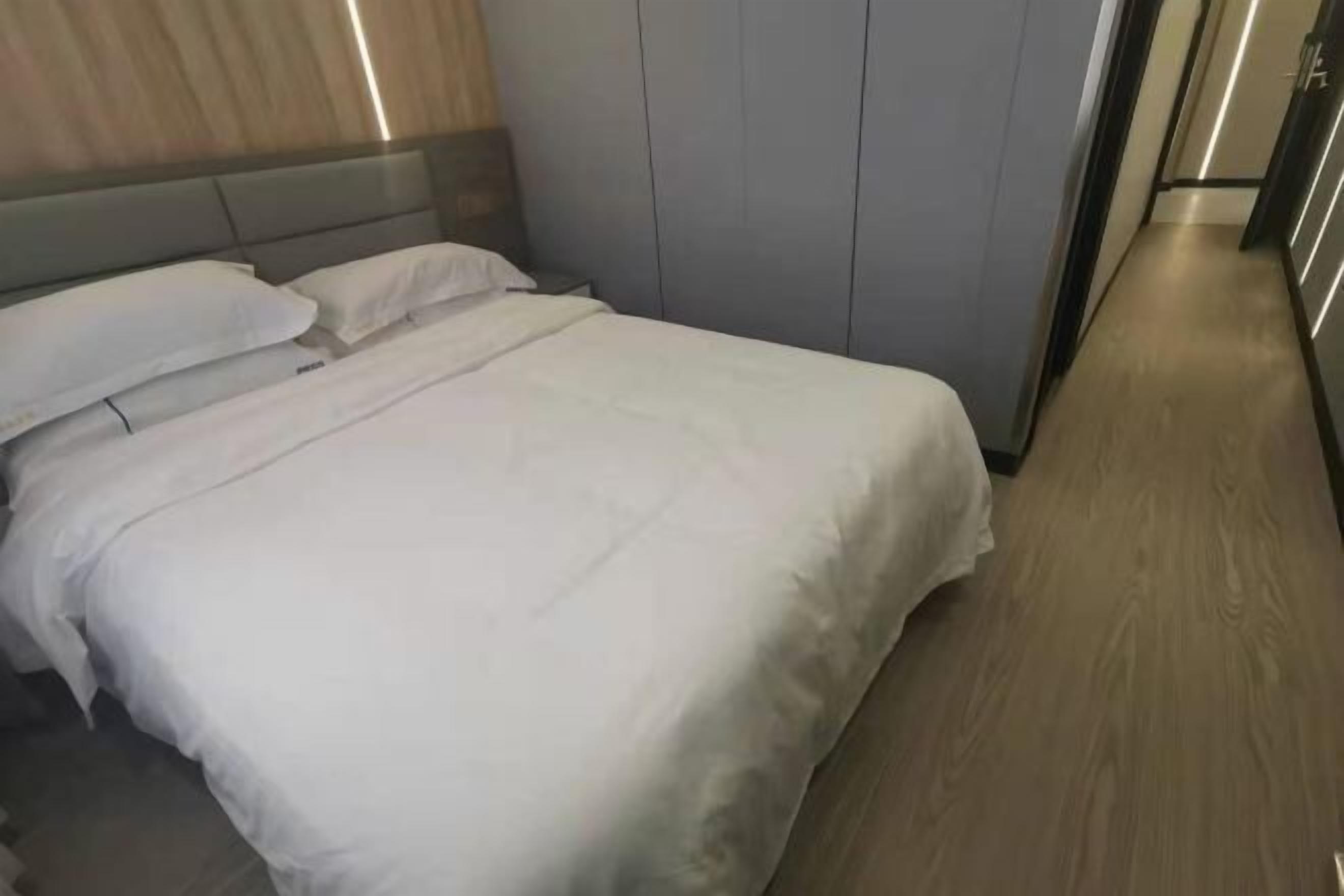 Quarto de hotel com uma cama, um guarda-roupa e piso de madeira.