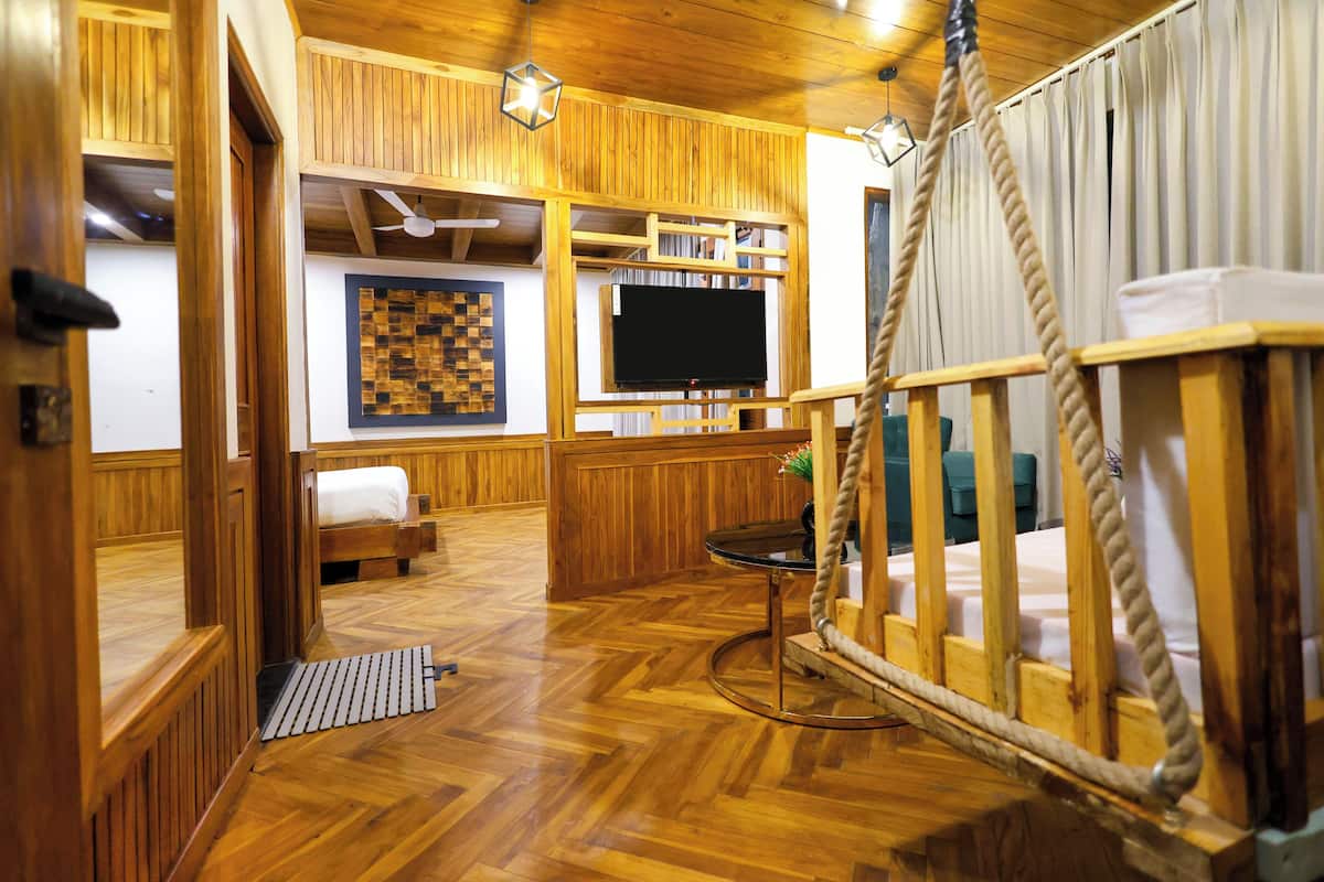 A wooden interior with a bed, a television, and a hanging rope swing.