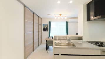 Fridge, microwave, stovetop, electric kettle