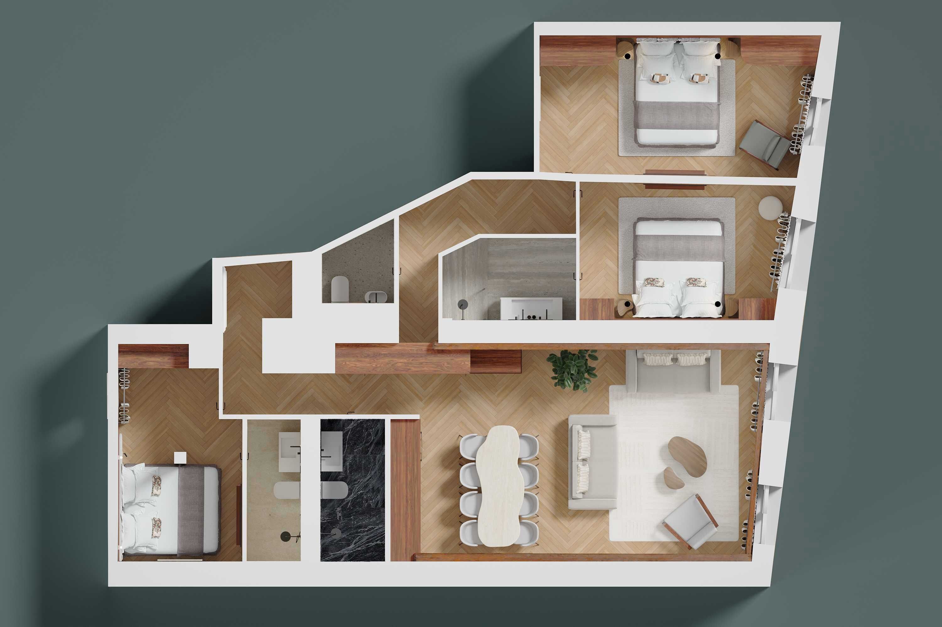 A 3D floor plan of a hotel with multiple bedrooms, a dining area, and a bathroom.
