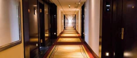A hotel hallway with a carpeted floor, doors on both sides, and a number sign above an elevator.