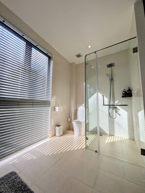 Hair dryer, towels, soap, shampoo