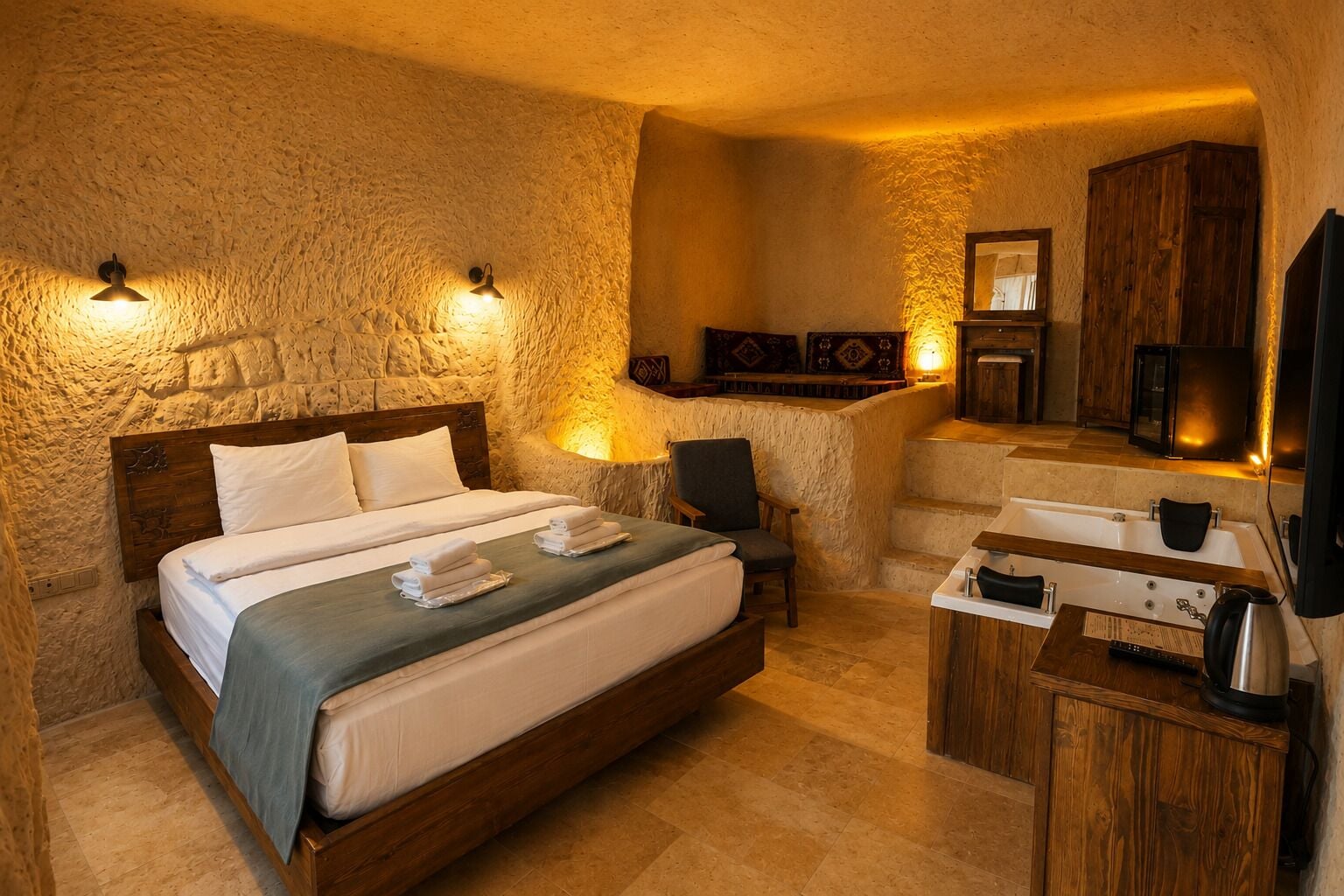 A bedroom with a large bed, a chair, a small table with a kettle, and a bathroom with a bathtub and sink.