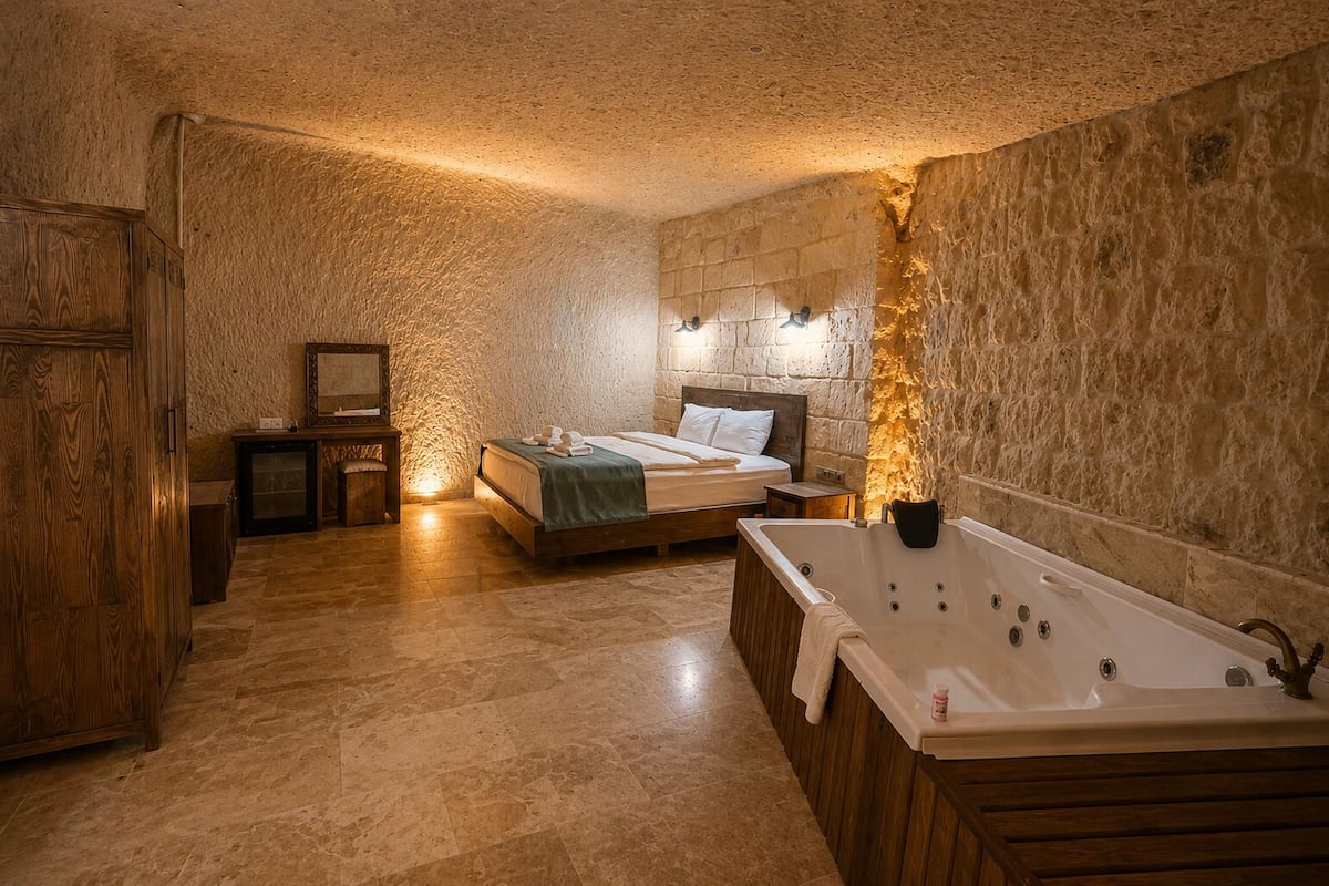 A room with a stone wall, a wooden bed, a wooden cabinet, and a large bathtub.