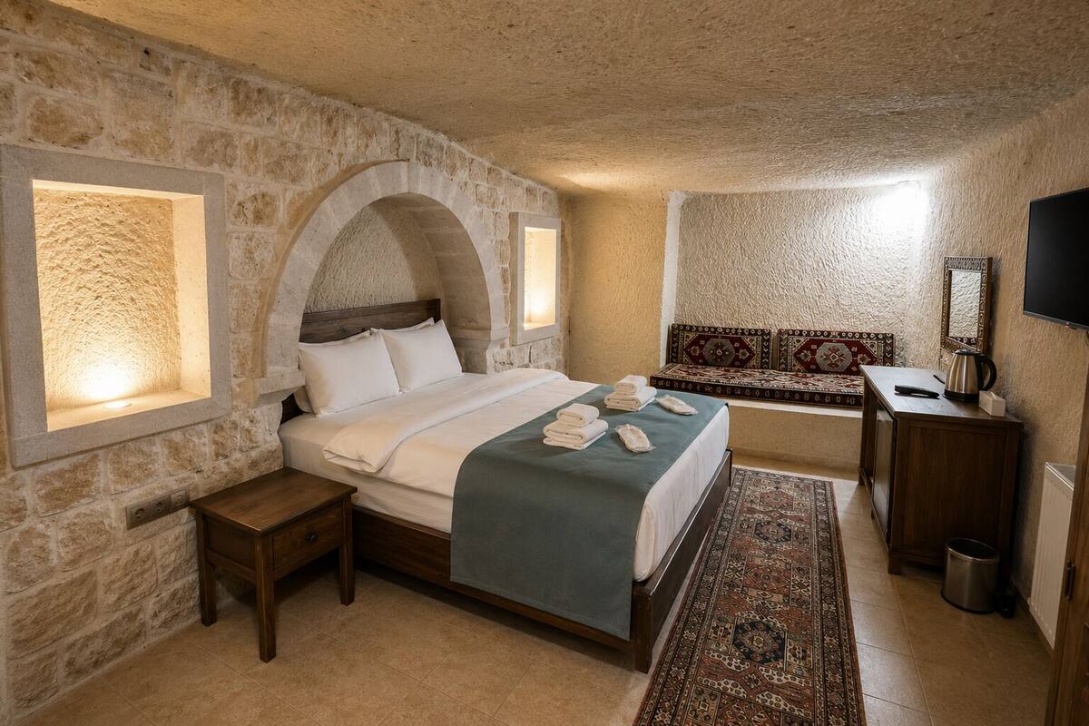 A bedroom with a stone wall, a bed, a bedside table, a desk, a chair, a rug, and a television.