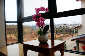 A potted orchid on a wooden table by a large window with a view of a residential area. - Hengyou Hostel (Wuyishan)