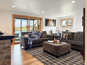 TV, fireplace, foosball, offices