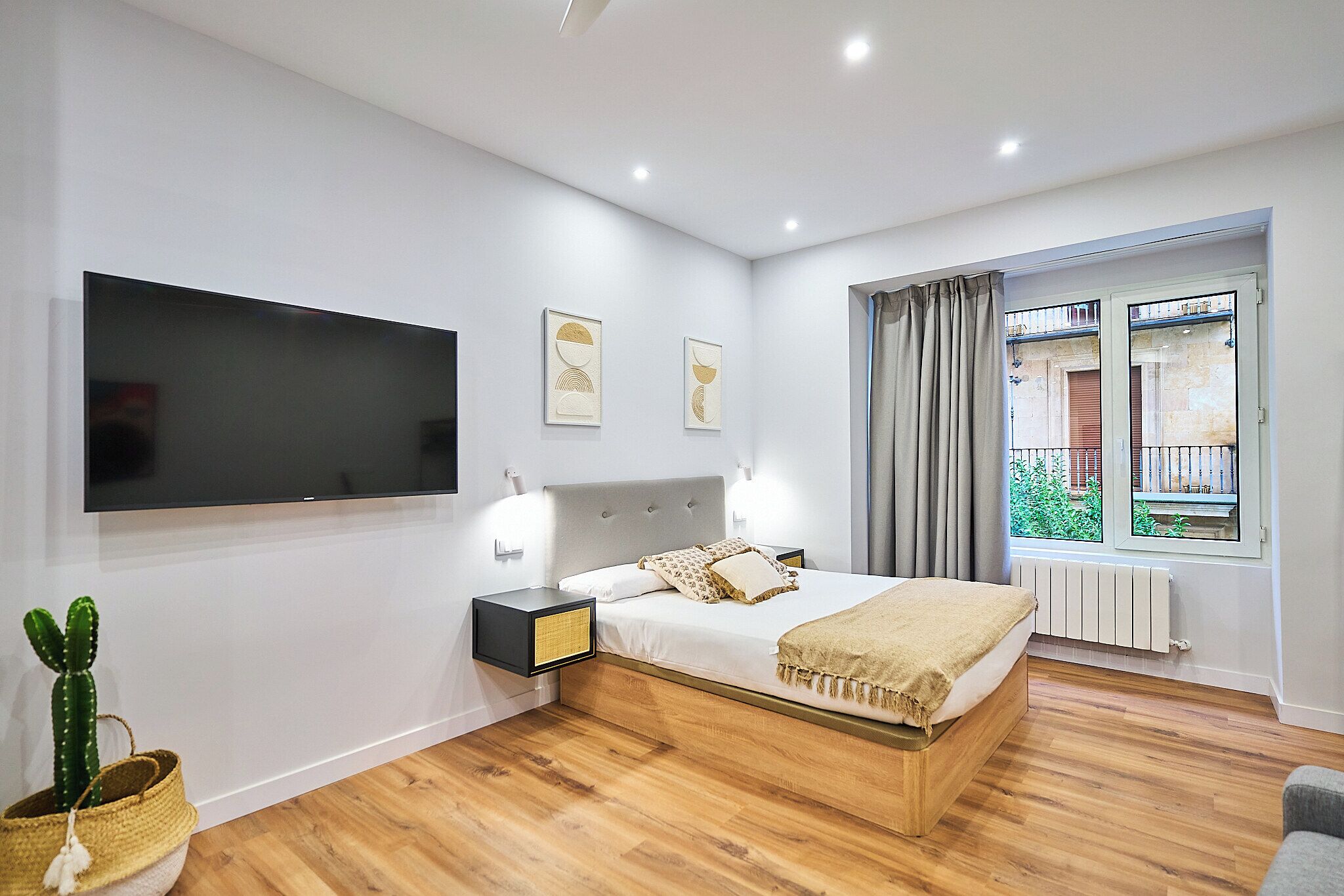 A modern bedroom with a bed, bedside tables, a flat-screen TV, artwork, a window with curtains, and a cactus plant.
