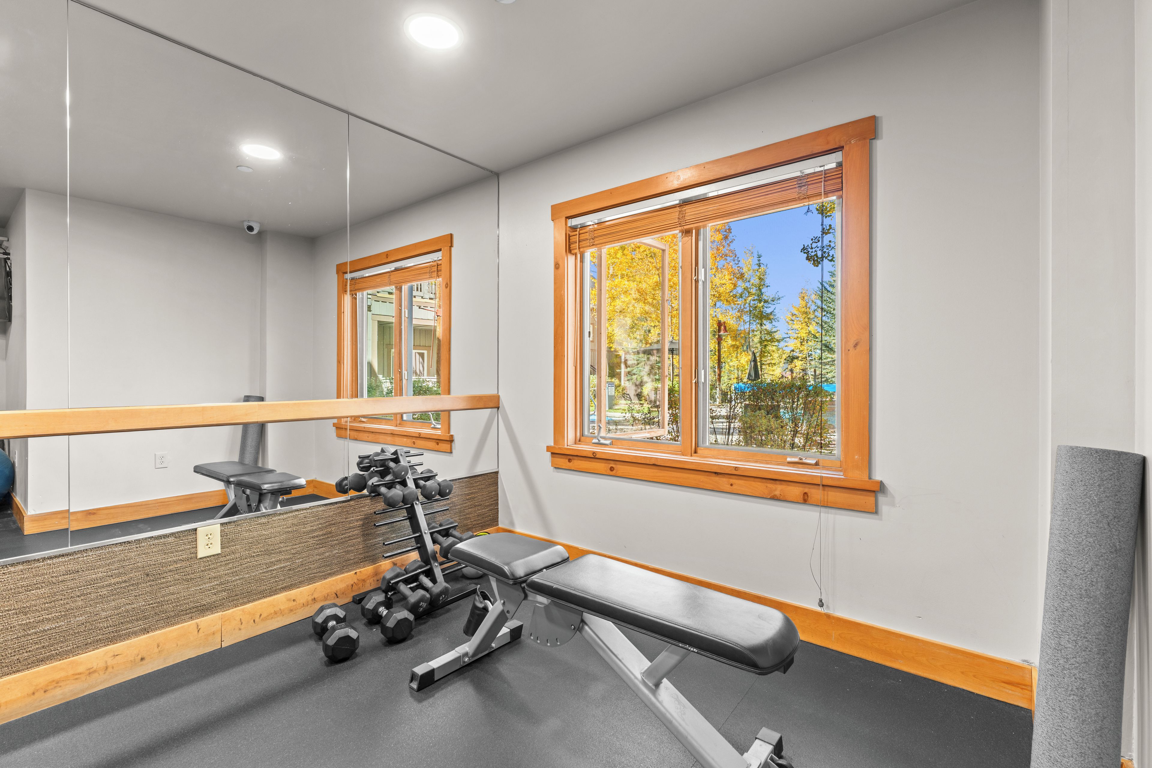 Une salle de sport équipée d’un banc, d’haltères et d’un miroir.
