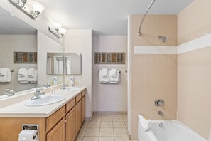 Hair dryer, towels, soap, shampoo