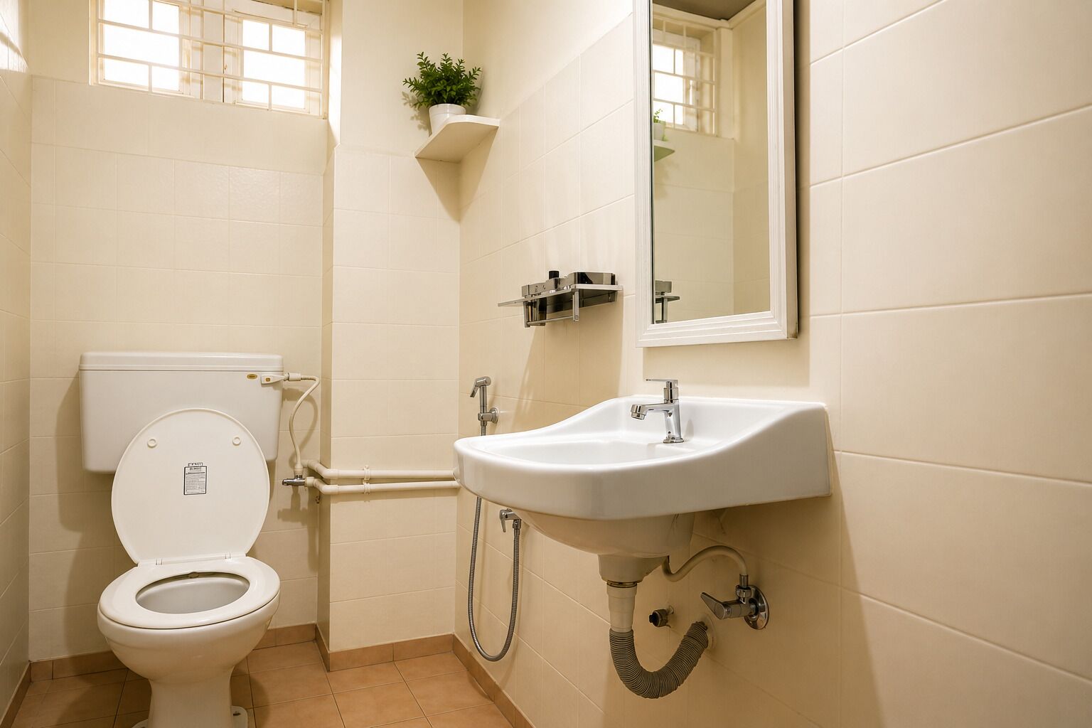 A bathroom with a toilet, sink, and mirror.
