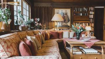 Télévision, cheminée, lecteur de DVD, livres