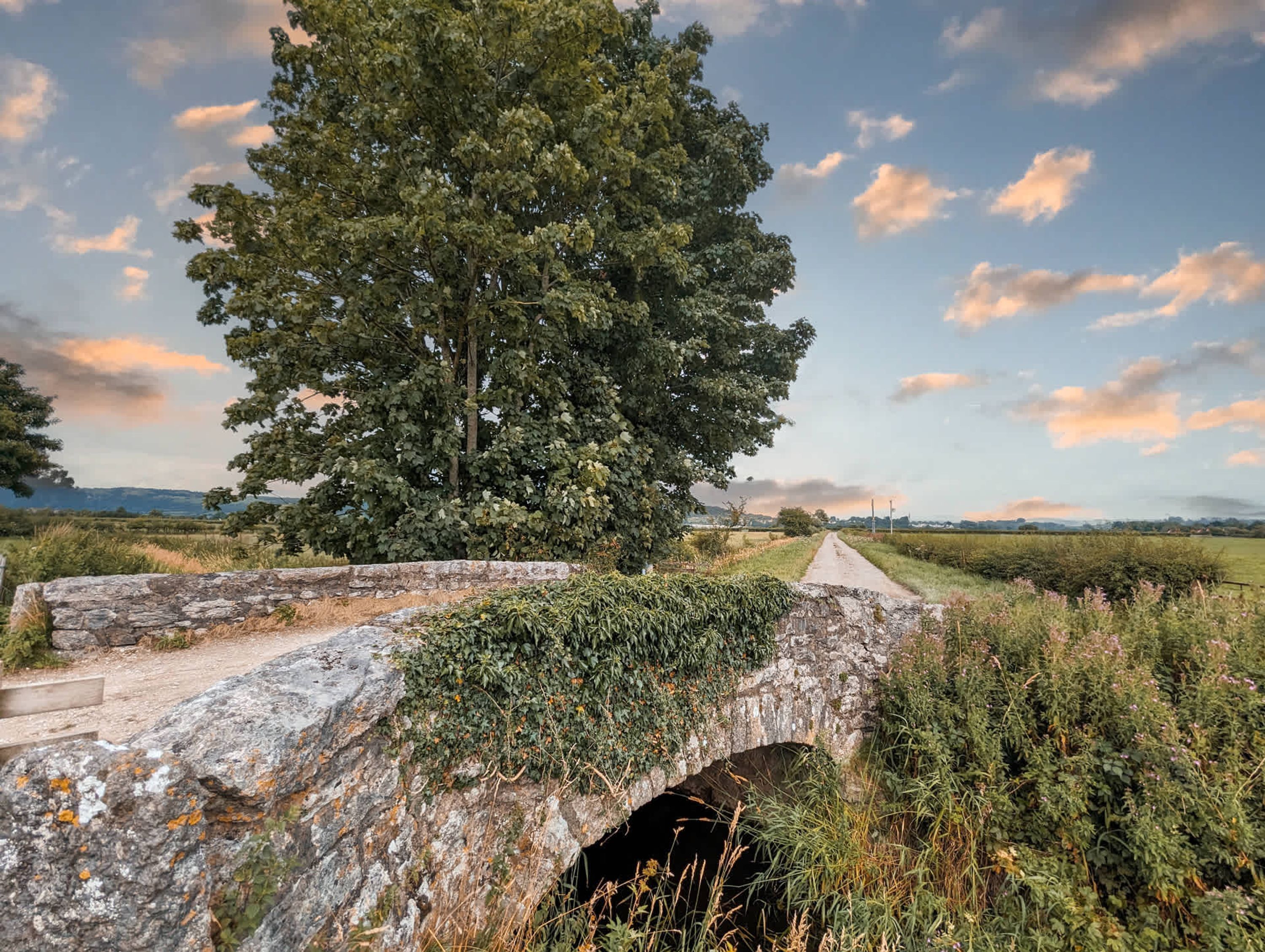 A rustic stone bridge with a tunnel underneath, surrounded by lush greenery and a clear sky.