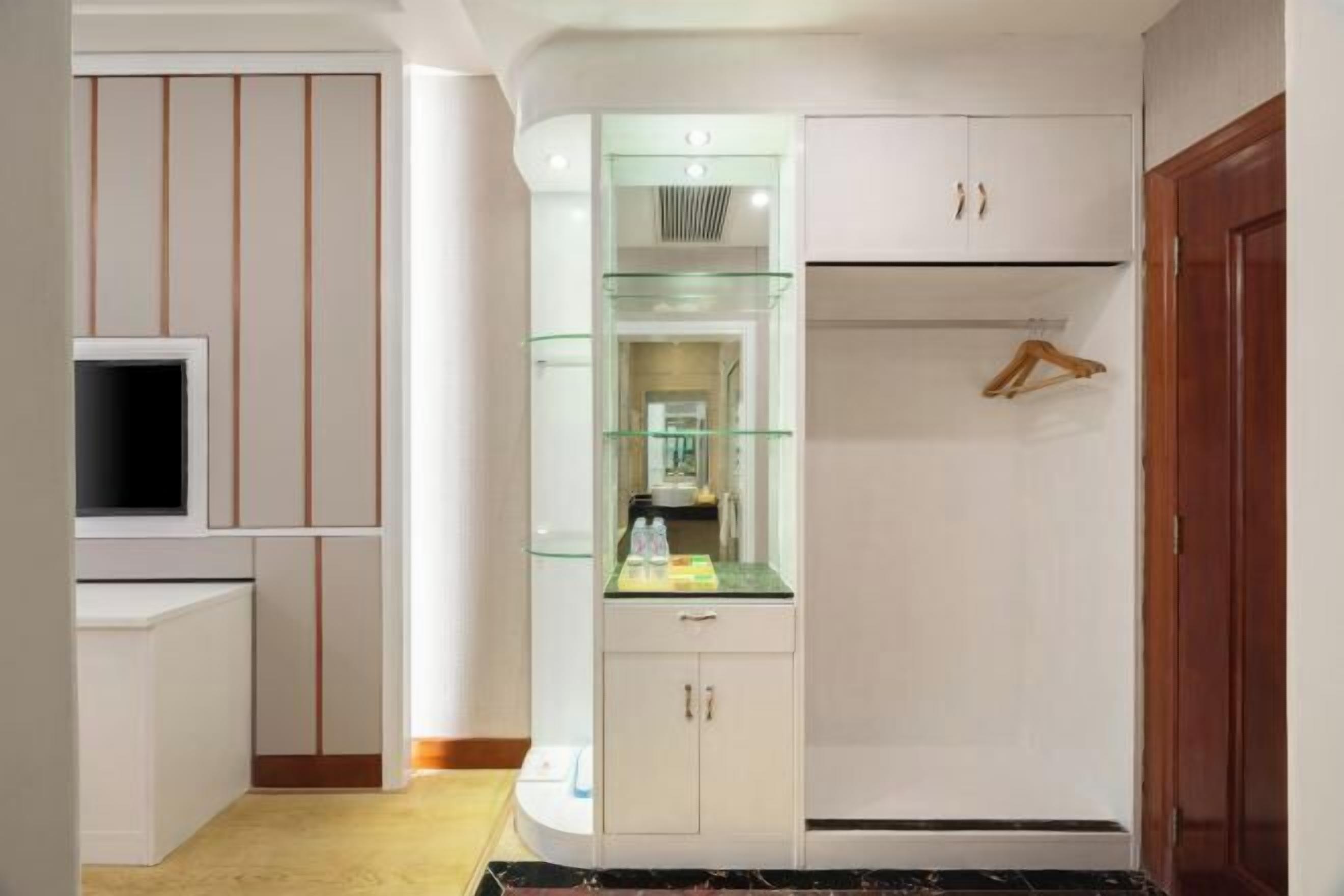 Un intérieur moderne avec un téléviseur encastré, des meubles de rangement avec des façades en verre et une porte en bois.
