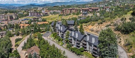 Un barrio residencial con edificios de varios pisos, una carretera sinuosa y abundante vegetación.