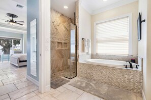 Shower, towels, shampoo