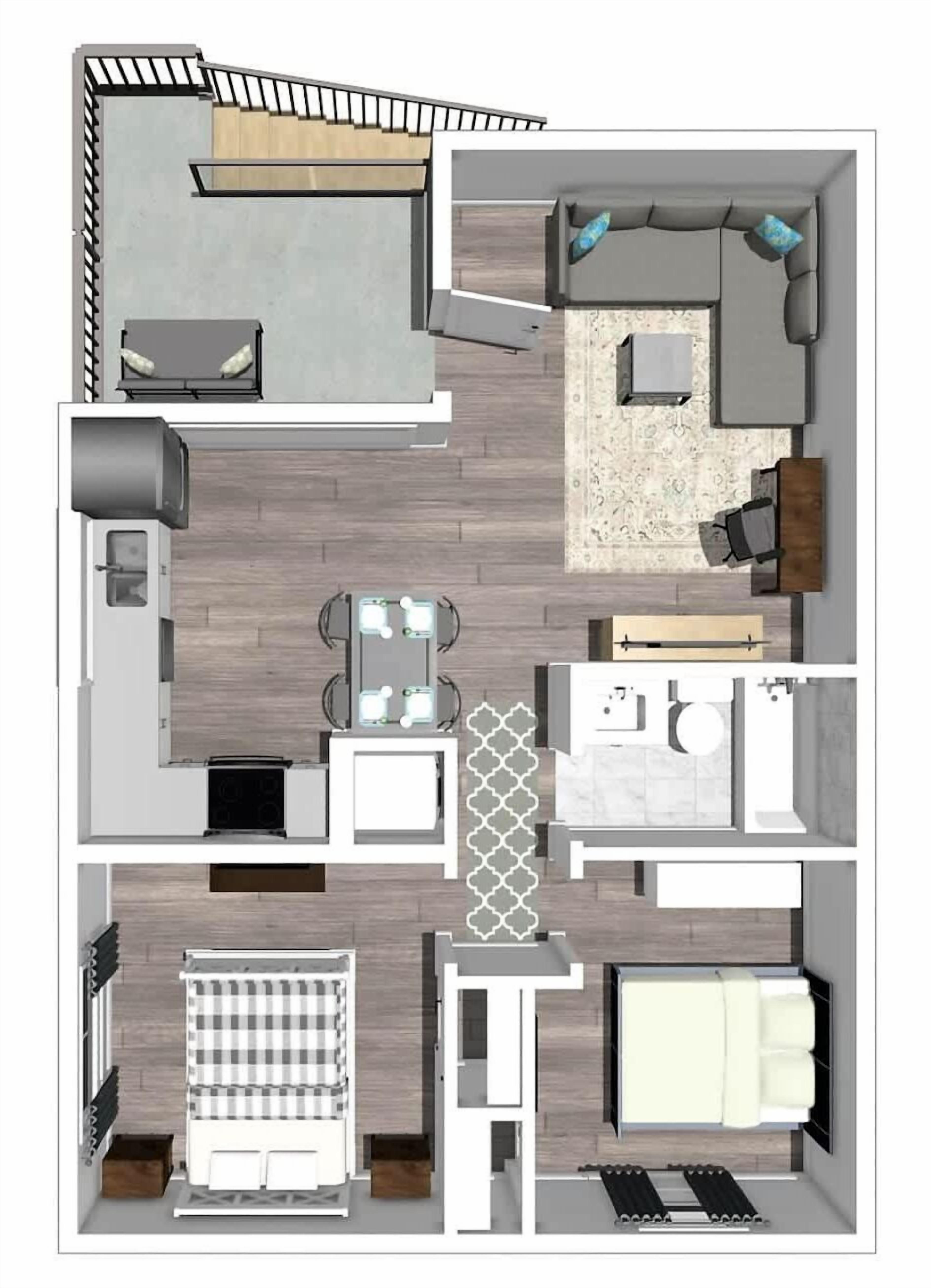 A floor plan of a modern apartment with a living room, kitchen, dining area, two bedrooms, and a bathroom.