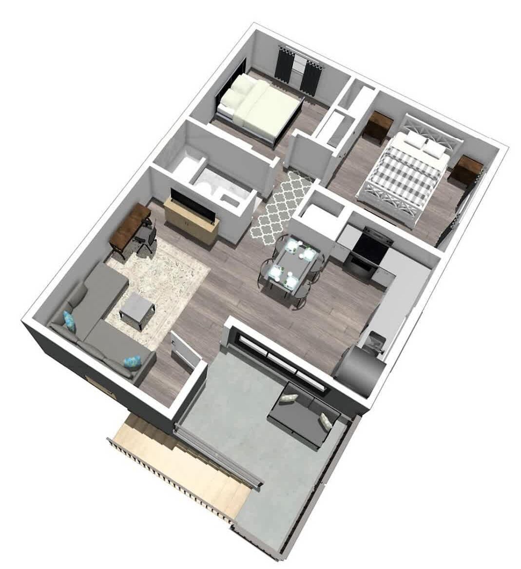 A 3D floor plan of a hotel room with a bed, seating area, kitchenette, and a bathroom.