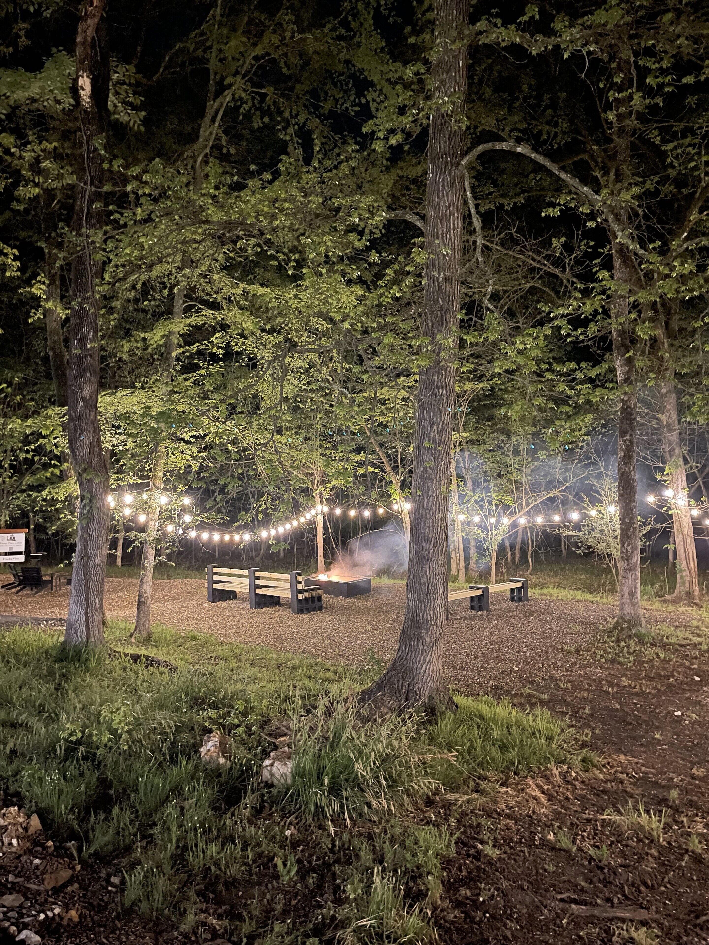 Uma área arborizada com árvores, uma fogueira, bancos e luzes de corda.