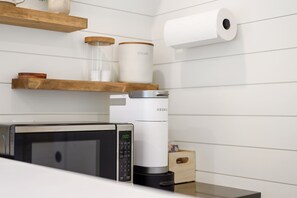 Microwave, coffee/tea maker, cookware/dishes/utensils