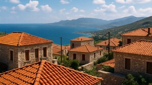 Un pueblo costero con edificios de piedra y tejados de tejas, con vistas al mar y las montañas.