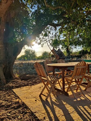 Ein Sitzbereich im Freien mit einem Holztisch und -stühlen, umgeben von einer Steinmauer und einem großen Baum, der Schatten spendet.