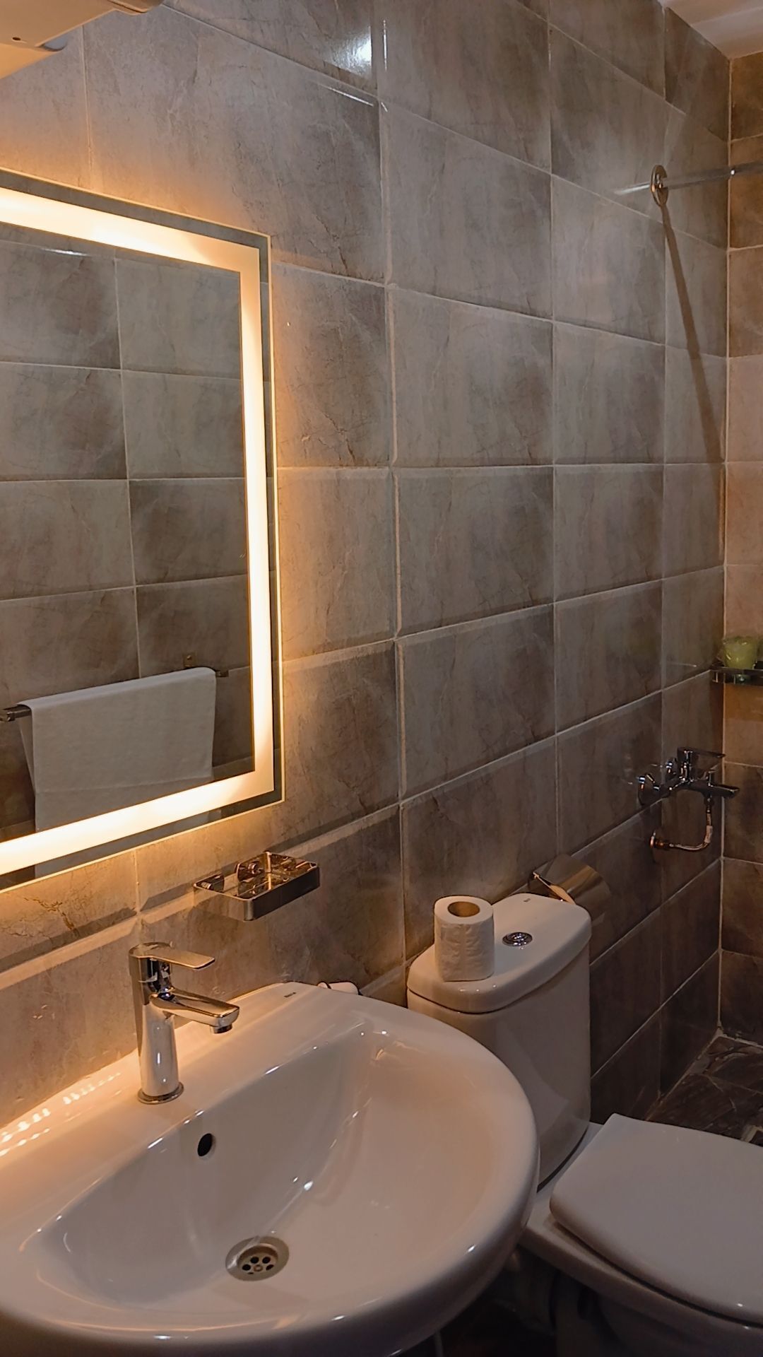 A bathroom with a white sink, a mirror, a toilet, and a shower area.