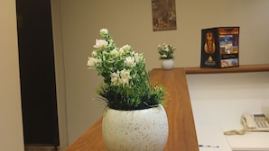 Un comptoir d’accueil avec un vase blanc à motifs contenant des fleurs blanches, un comptoir en bois, un tableau encadré accroché au mur et une petite plante en pot.