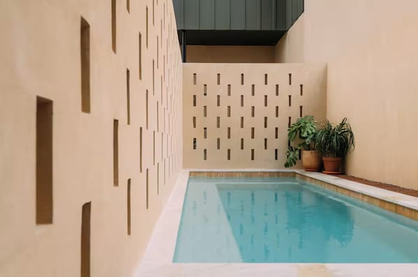 A swimming pool with geometric wall patterns and potted plants.