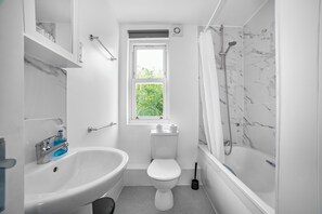 Combined shower/tub, hair dryer, towels, toilet paper
