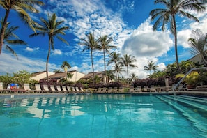Piscina com espreguiçadeiras e palmeiras.