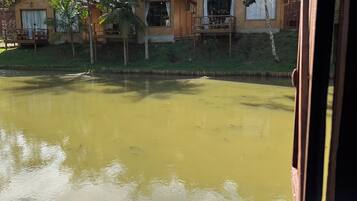 A view of a residential area with houses, a pond, and a wooden deck.