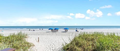 A beach with a wooden walkway leading to the water, a few umbrellas, and people in the distance.