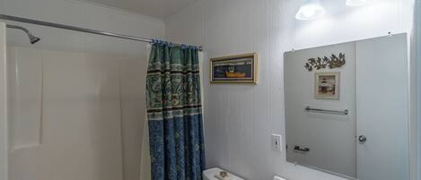 Un baño con ducha, inodoro y lavabo.