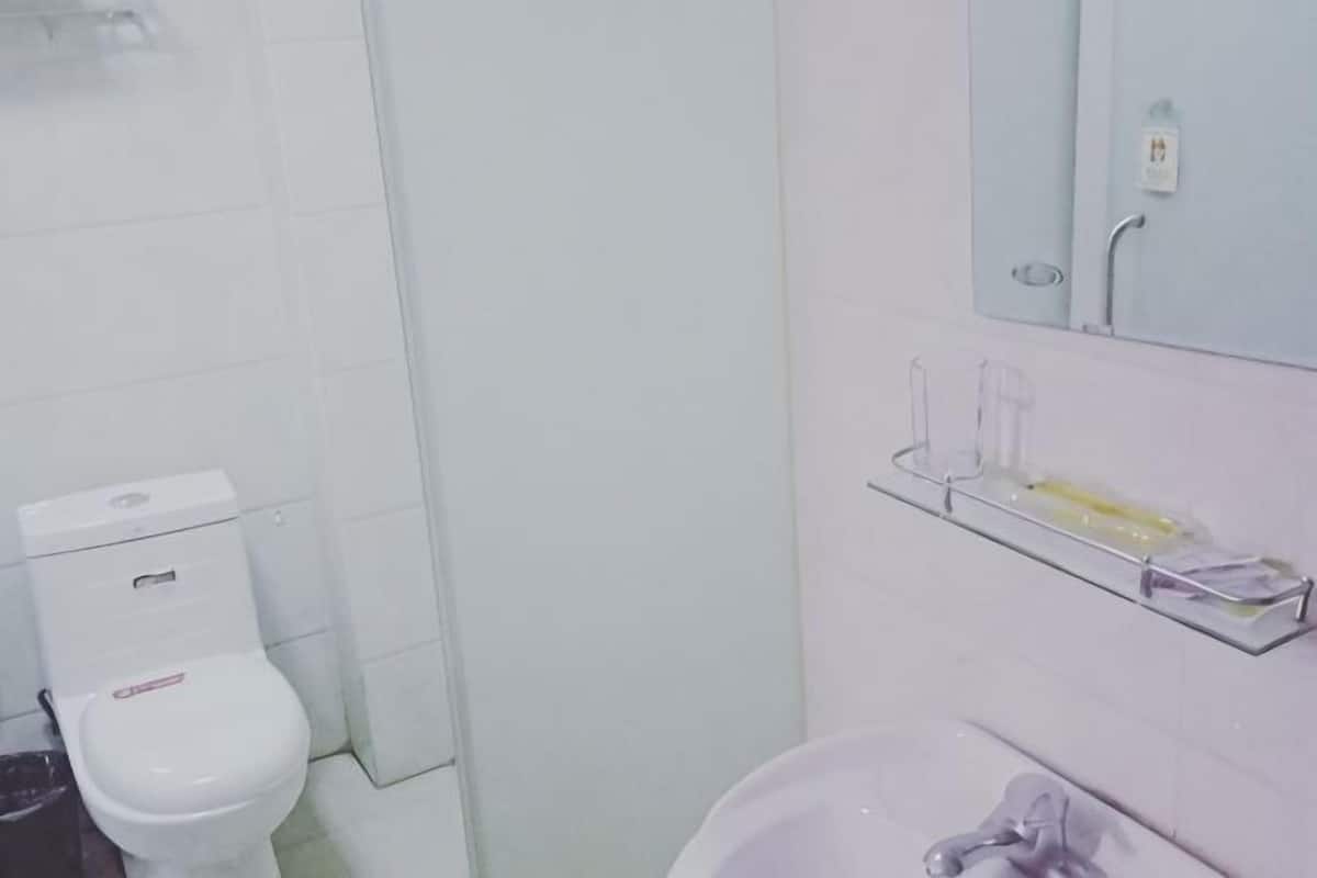 A bathroom with a toilet, a sink, and a mirror.