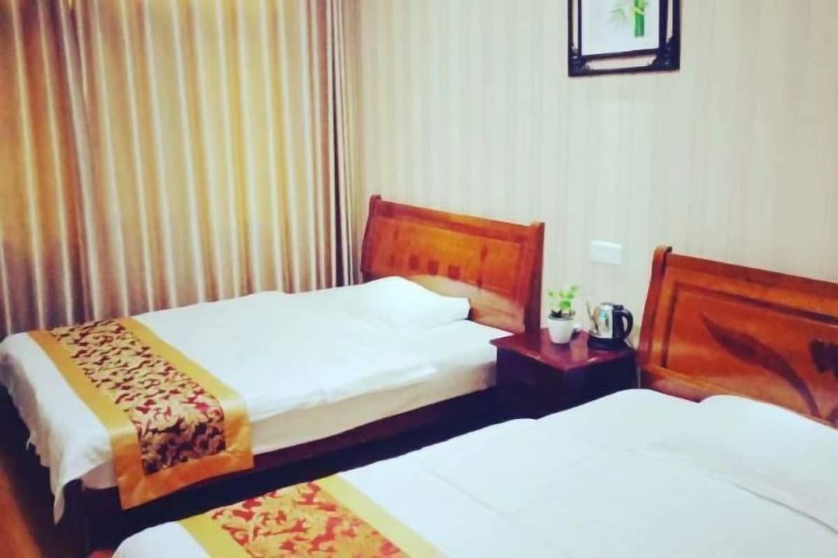 A hotel room with two single beds, wooden headboards, a small bedside table with a plant and a kettle, and a framed picture on the wall.