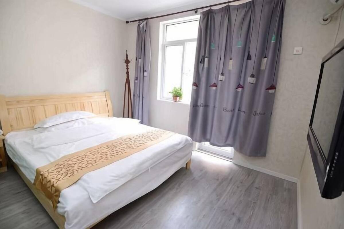 A bedroom with a bed, a window with curtains, a plant, and a television.