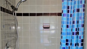Une douche avec un mur carrelé, un pommeau de douche et un rideau de douche à carreaux bleus et noirs.