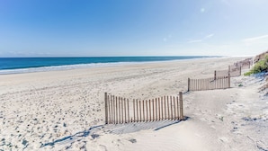 A sandy beach with a wooden fence and ocean in the background. - Oceanside home in Hatteras 200 yards from beach, Hot Tub (Hatteras)
