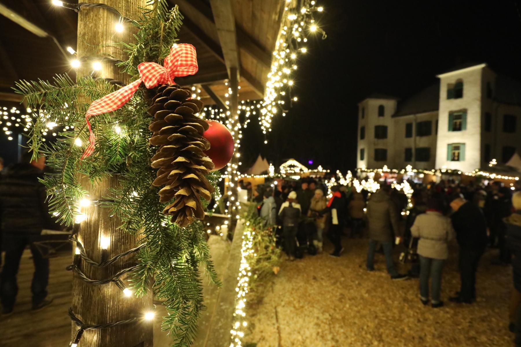 Ein geschmückter Weihnachtsbaum mit Lichtern und Schmuck, vor einer Menschenmenge und Gebäuden.