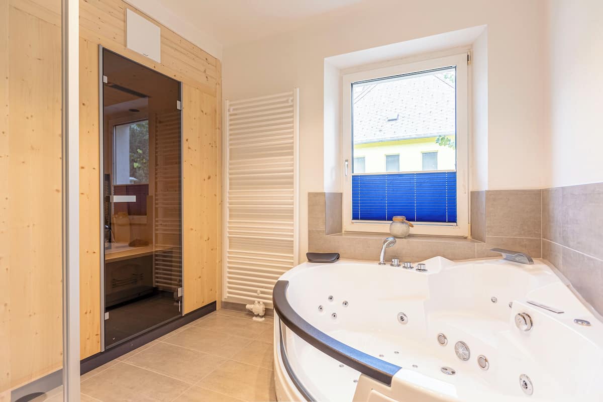 Shower, towels, toilet paper
