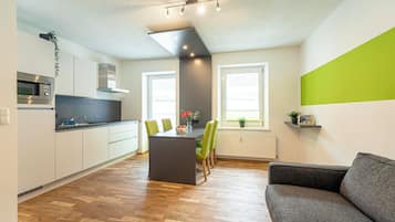 Full-size fridge, microwave, stovetop, dishwasher
