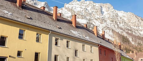 A row of colorful buildings with a mountain backdrop.
