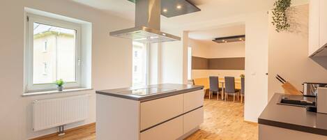 A modern kitchen with a central island, a window with a plant, and a view to the dining area.
