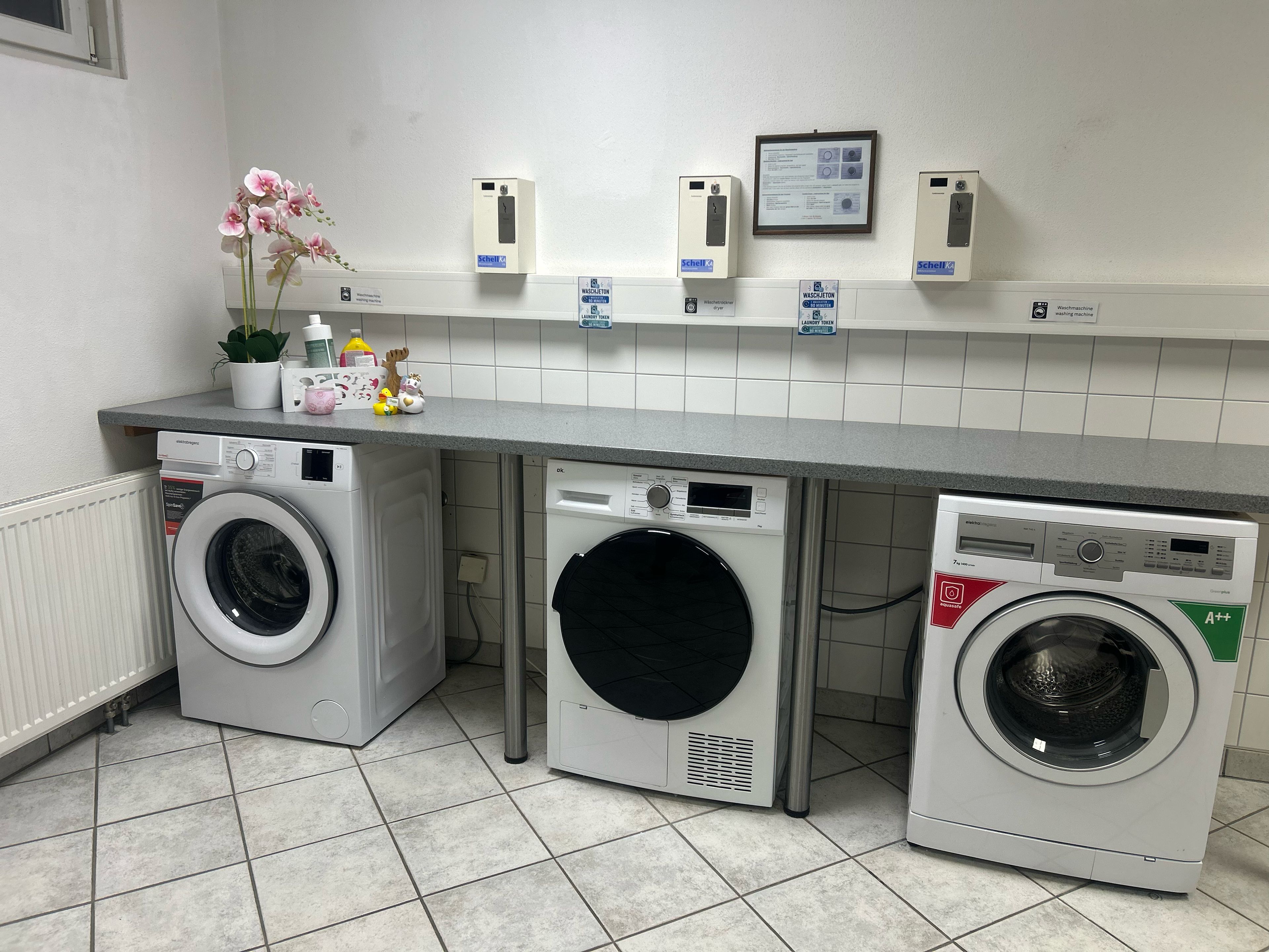 A laundry area with three washing machines, a potted plant, and a framed informational sign on the wall.