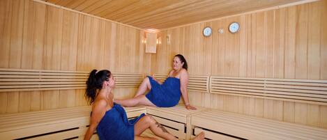 A sauna room with wooden benches and two individuals seated.